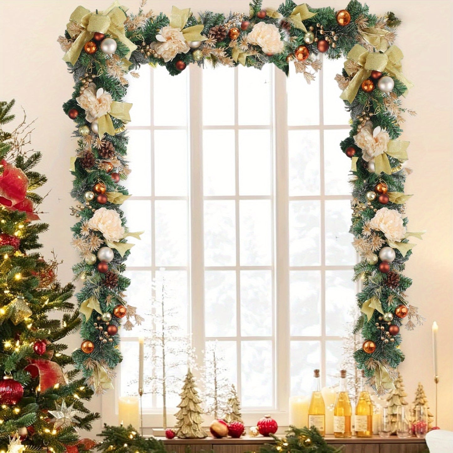 6FT Christmas Garland with Lights, Artificial Christmas Decorations Decor, Champagne, Pine Cones, Ribbon, for Indoor Xmas Snow (Gold)