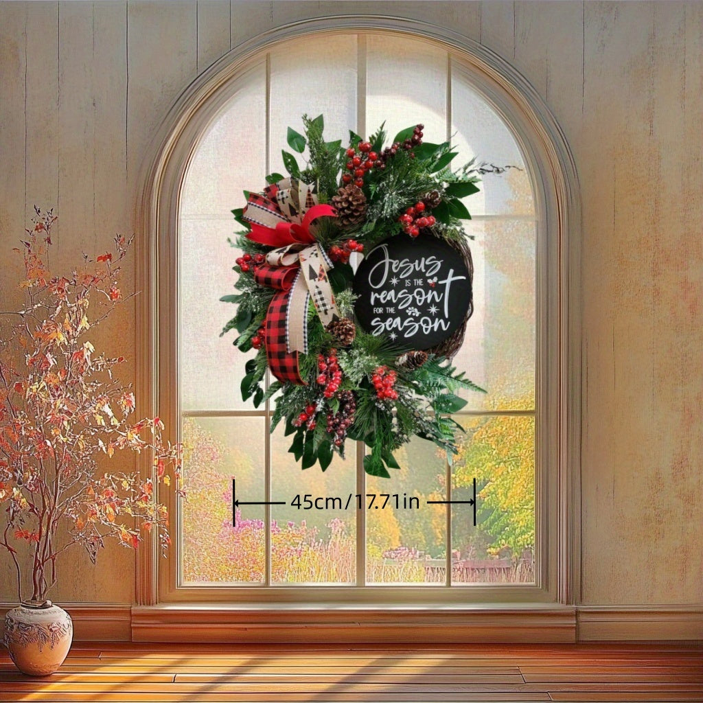 17.71" "Front Door" Christmas Wreath and Wooden Sign