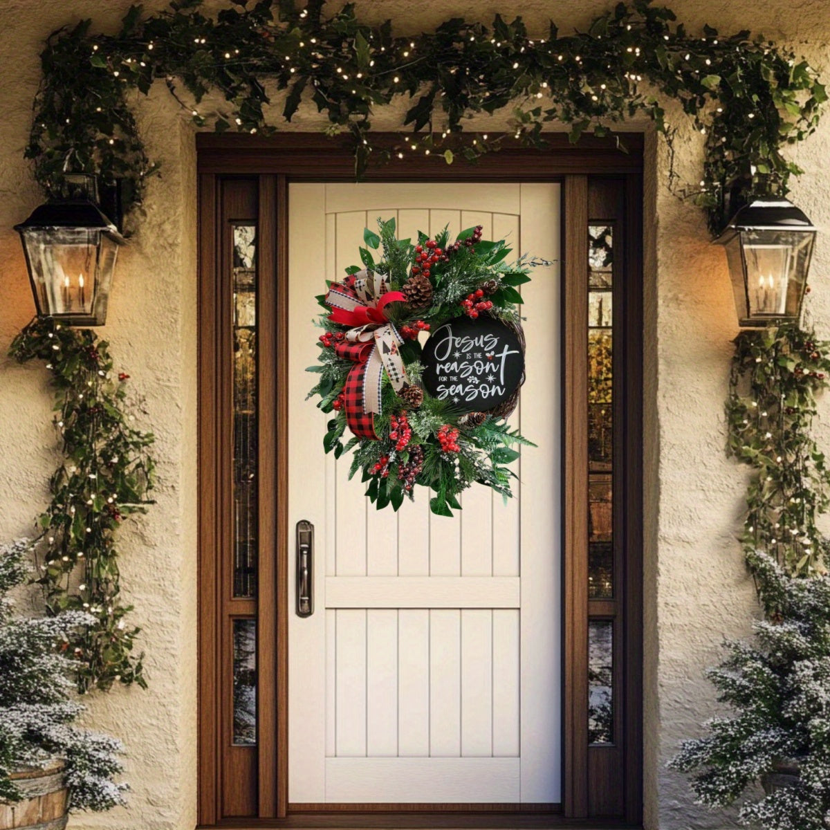 17.71" "Front Door" Christmas Wreath and Wooden Sign