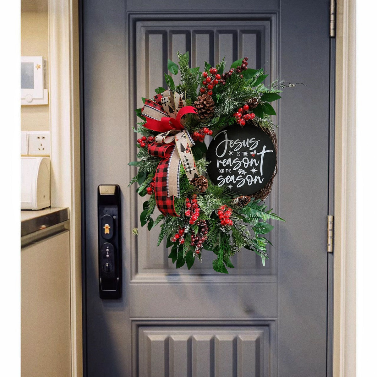 17.71" "Front Door" Christmas Wreath and Wooden Sign