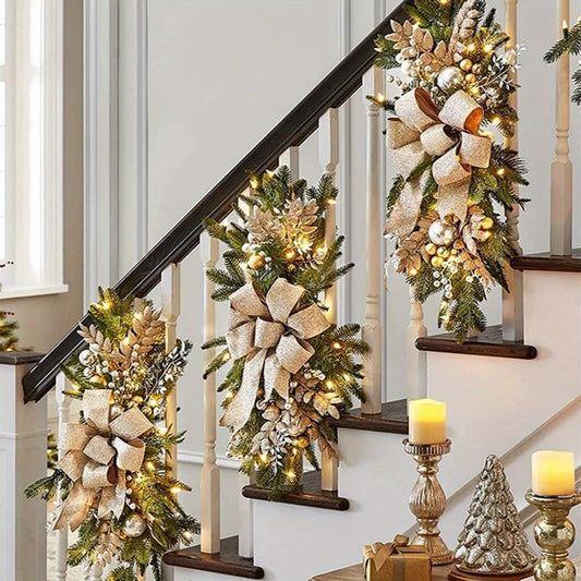 4pcs Christmas Lighted Swags Christmas Wreaths For Front Door, Prelit Xmas Stairway Swag Christmas Decorations, Artificial Winter Garland With Bow, Balls, Stair Railing Wall Window Xmas Decor, Gold, Red, Blue Color