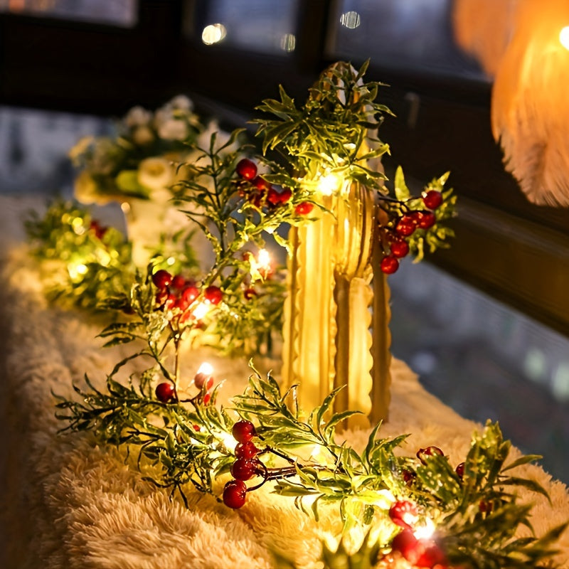 78.74" Pre-Lit Christmas Garland with Red Berries & Green Holly - Battery Operated, Indoor Xmas Decor for Mantle, Fireplace, Stairs