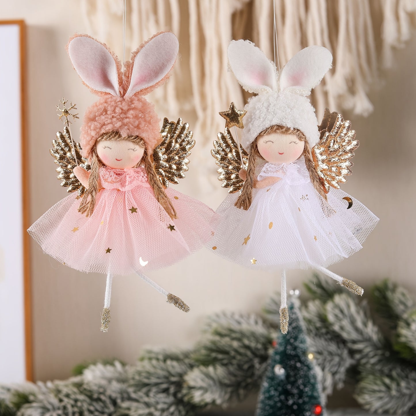 Charming Angel Dress Christmas Ornaments - 2pcs Set, White & Pink, Perfect for Tree Decoration, Weddings, Valentine's, New Year & Engagements