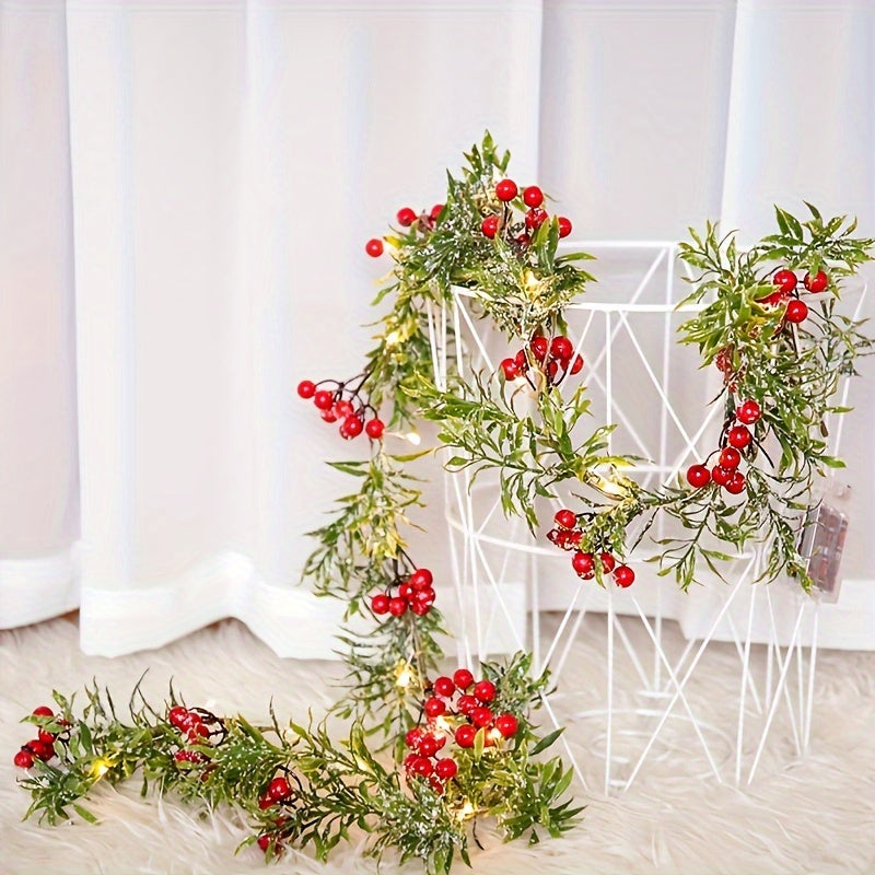 78.74" Pre-Lit Christmas Garland with Red Berries & Green Holly - Battery Operated, Indoor Xmas Decor for Mantle, Fireplace, Stairs