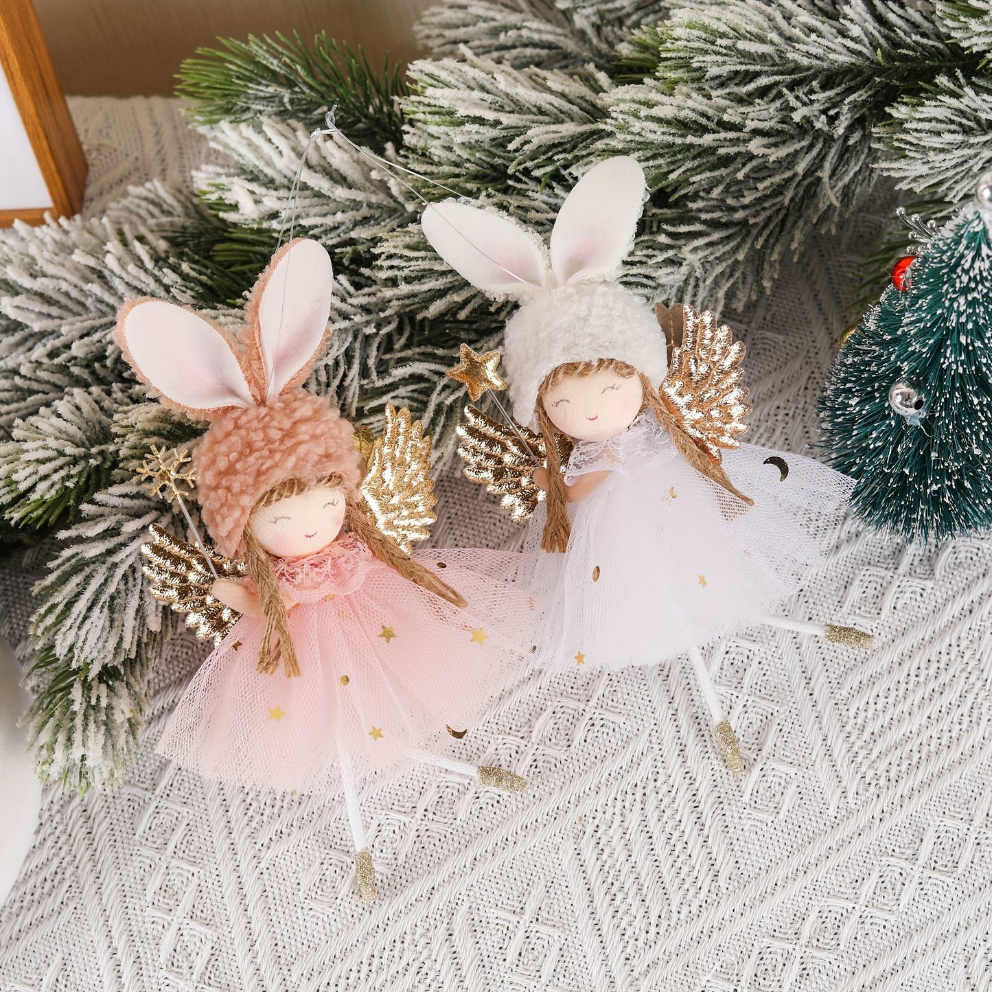 Charming Angel Dress Christmas Ornaments - 2pcs Set, White & Pink, Perfect for Tree Decoration, Weddings, Valentine's, New Year & Engagements