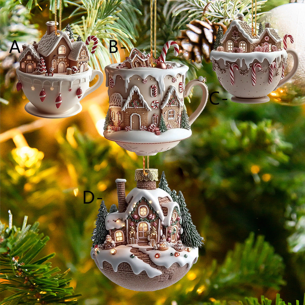 Set of 4 Christmas Coffee Mug/Gingerbread House Ornament