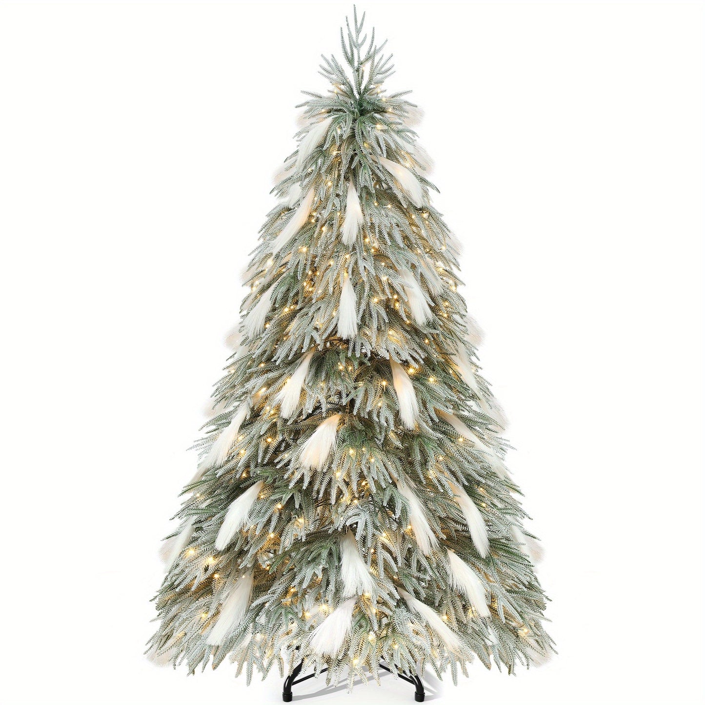 6ft Snow Flocked Pampas Pre-Lit NatureHavenShop Artificial Christmas Tree with 355 PE Branch Tips, 30 Feathers, and 400 Lights